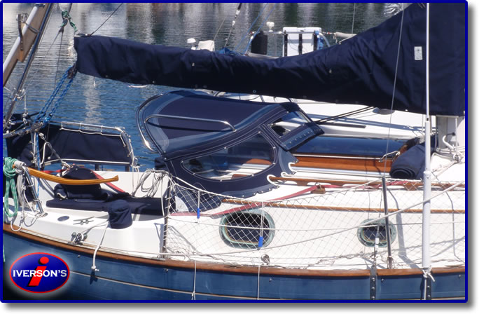 Photo of an Iverson's canvas i-Top Dodger on a sailboat.